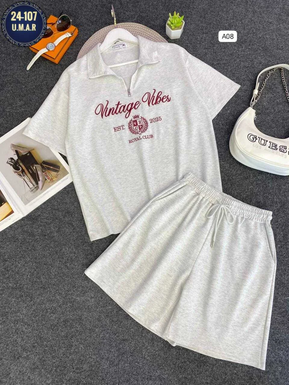 New Collection Женский костюм двойка Логотип вышивка Длина футболка:64см Длина шорты:45см